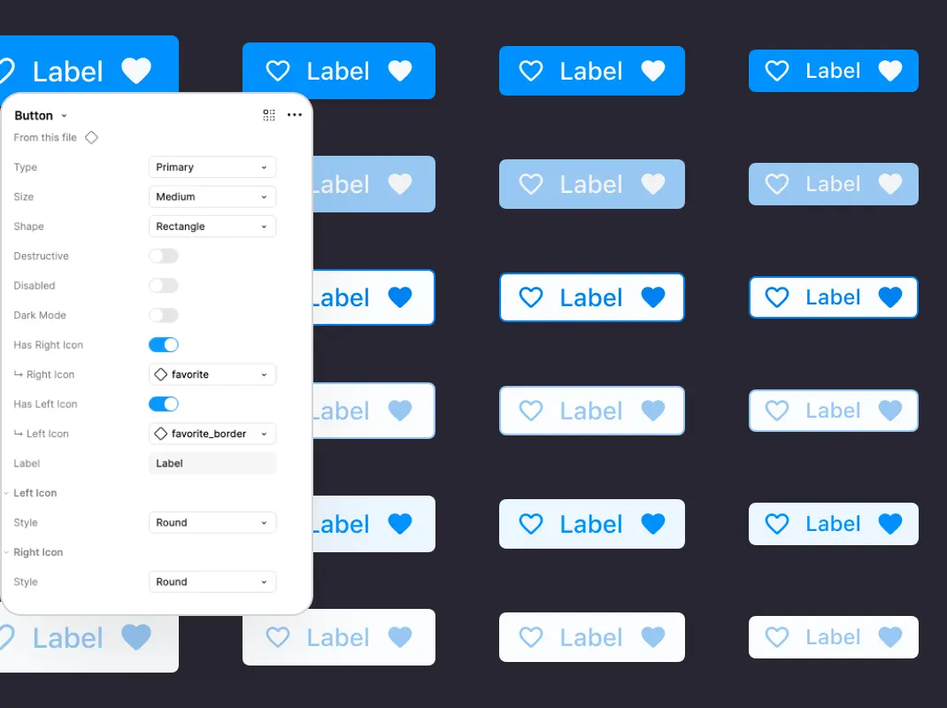 Figma component properties panel showing smart variants and component options